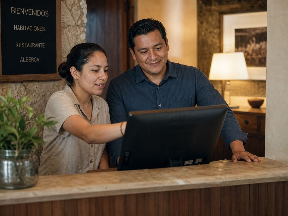 Equipo de recepción operando el PMS en el mostrador de un hotel boutique