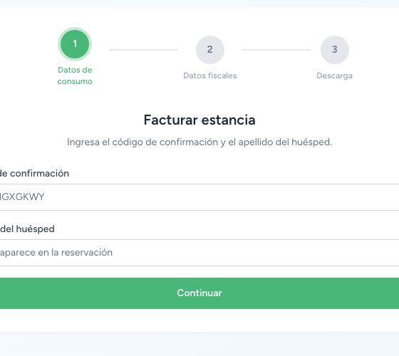 Facturar estancia: paso 1 Datos de consumo, código de confirmación y apellido del huésped