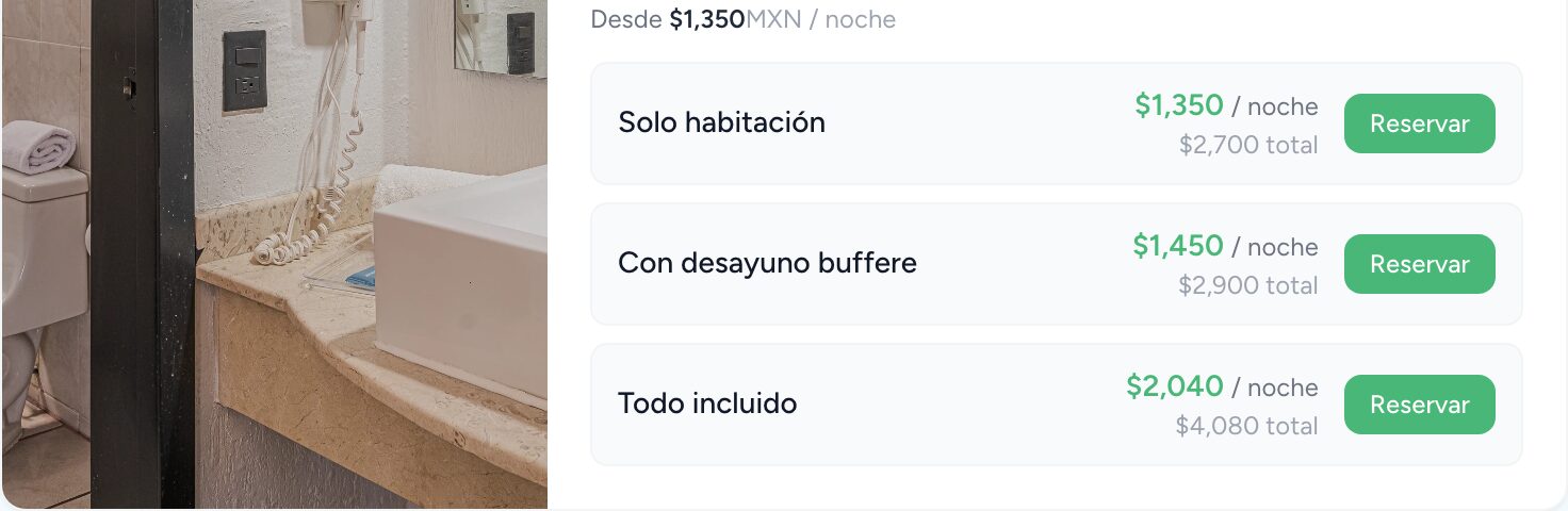 Planes web: Solo habitación, con desayuno y todo incluido, cada uno con Reservar